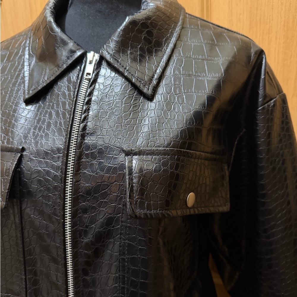 ASOS Black Croc-Pattern Leather Jacket - Picture 3 of 9